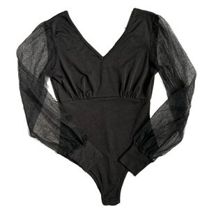 SHEIN BLACK V NECK BODYSUIT WITH LONG MESH PUFF SLEEVES SIZE SMALL